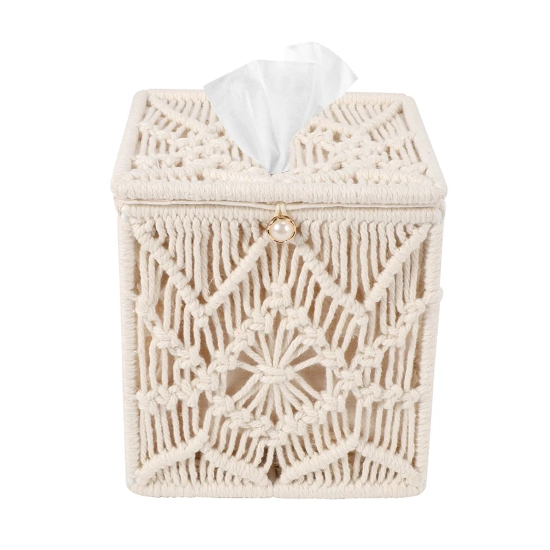

ABHI-Tissue Box Cover Boho Decor Square Paper Tissue Holder With Bead Buckle Macrame Napkin Tissues Organizer Home Decor