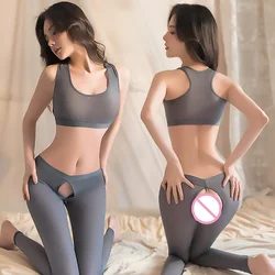 Sexy Top Open Crotch Trousers Set Erotic Lingerie Women Solid Yoga Pants Uniform Temptation Sex Porn Outfits Sleepwear Pajamas