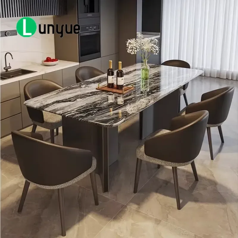 European Luxury Marble Dining Table Set French Royal Metal Extendable for Home Villa Apartment Restaurant Furniture