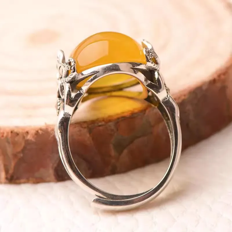 Artistic retro style silver 925 flowers inlaid natural chalcedony yellow oval rings for women High quality adjustable jewelry