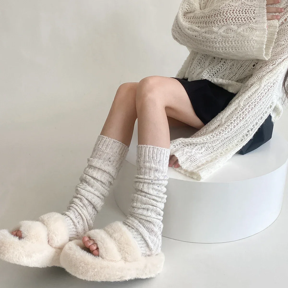 

Зимние толстые теплые гетры, женские шерстяные кашемировые термобелье, осенние носки до колена для девочек, винтажные носки с рюшами, высокие чулки до бедра