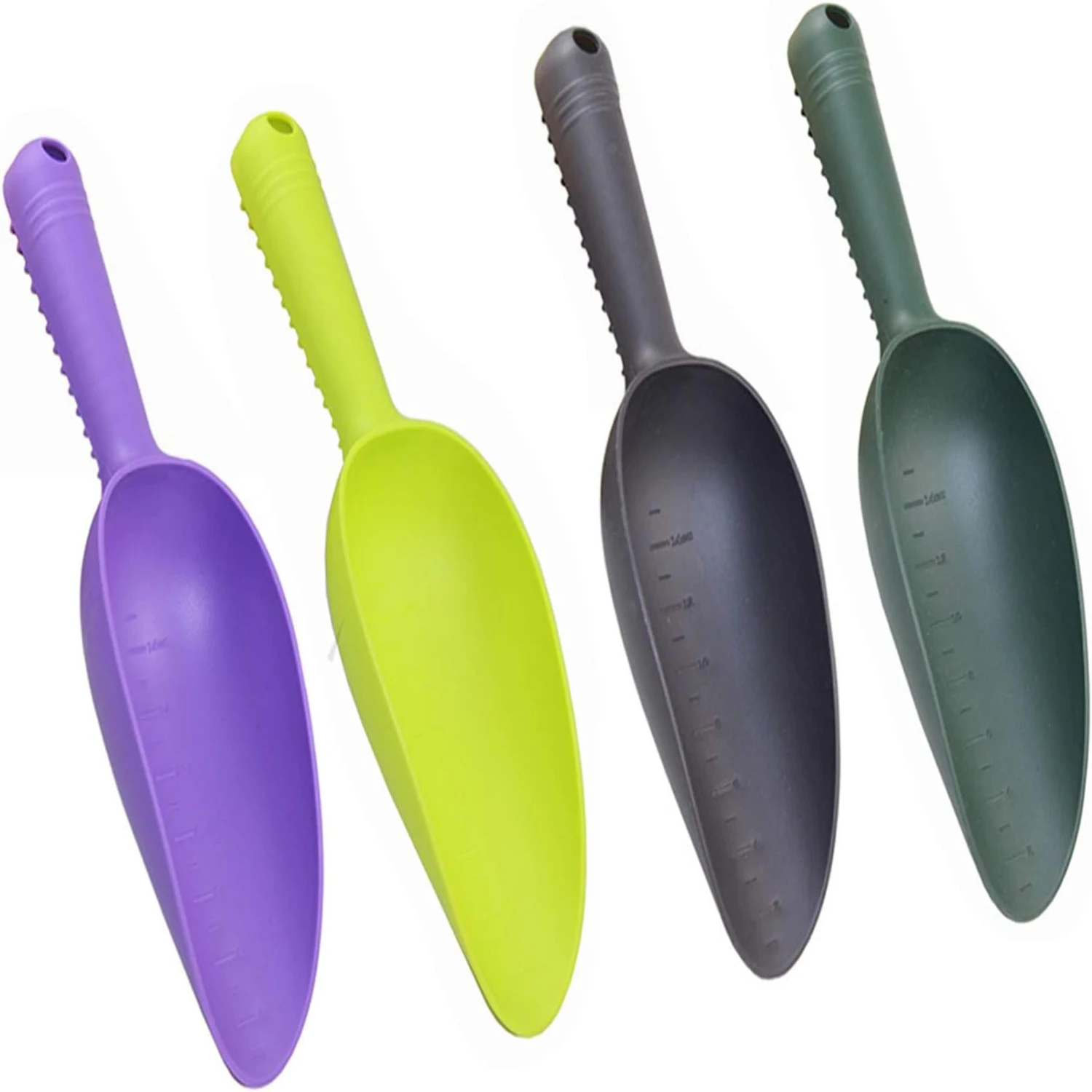 

Colorful 4-Pack Mini Plastic Gardening Scooper Shovels with Scale for Efficient Soil Transplanting, Weeding, Digging, and Planti