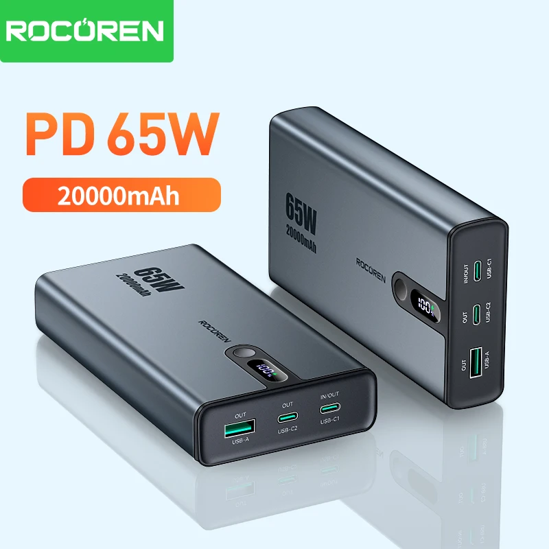 Rocoren Portable 65W 20000mAh Power Bank Fast Charger External Battery 20000mAh Powerbank For iPhone16 15 Pro Max Xiaomi MacBook