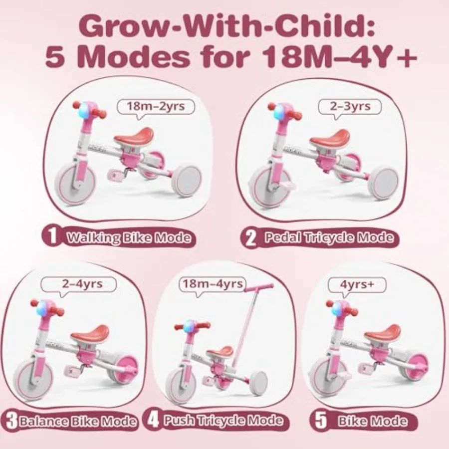 Triciclo 5 in 1 per bambini di 2-5 anni, bici da equilibrio per bambini e bici da spinta per bambini con maniglia per genitori, luce musicale RGB, senza attrezzi