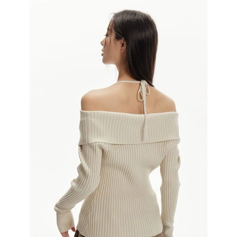 Deeptown Y2k Vintage Off Shoulder Knit Sweater Women Slim Long Sleeve Halter Cardigan Autumn Harajuku Aesthetic Korean Fashion