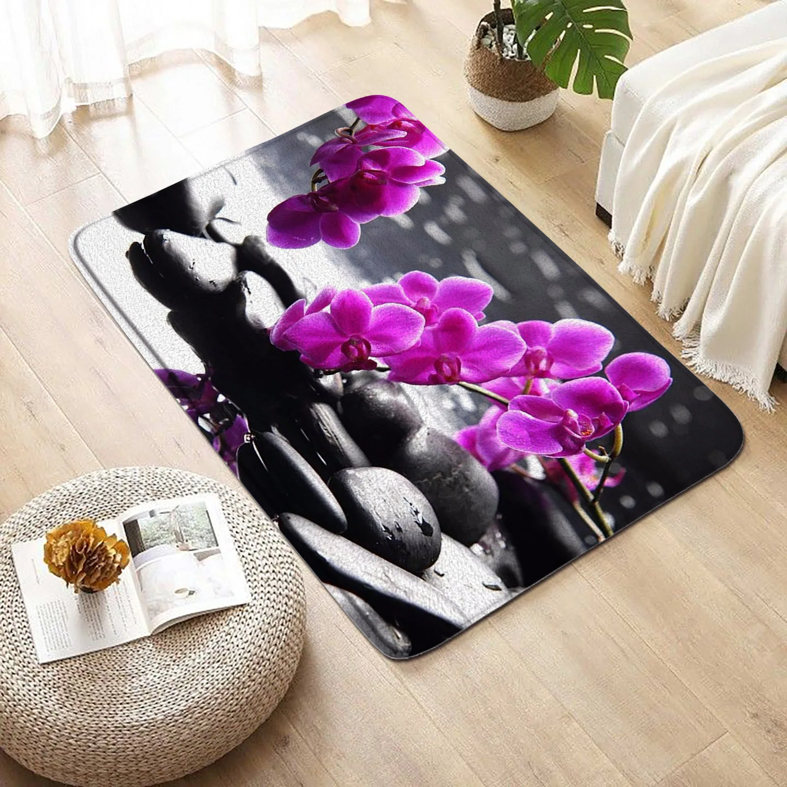 Zen Bath Mat Black Stone Water Orchids Flower Leaves Spa Bathroom Decoration Anti-slip Entrance Mat Floor Rug Carpet Home Decor