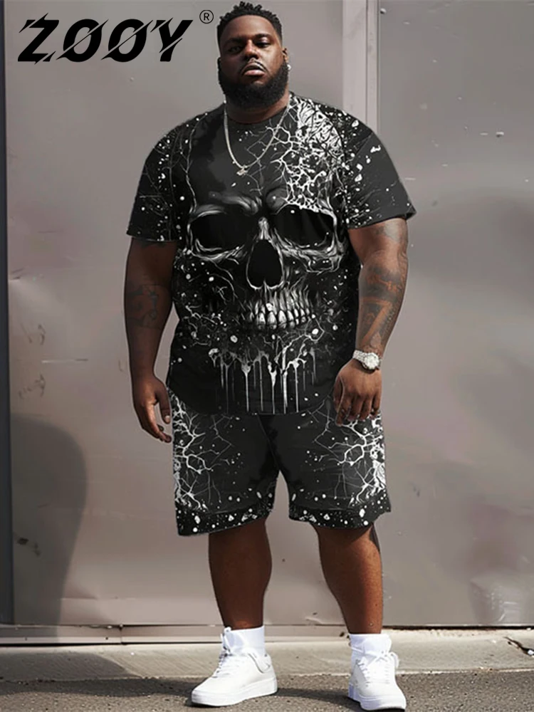 L-9XL Short sleeved T-shirt Shorts Set Plus Size Men Summer Casual Street Hip Hop Skull Paisley Print Two Piece Set ZOOY