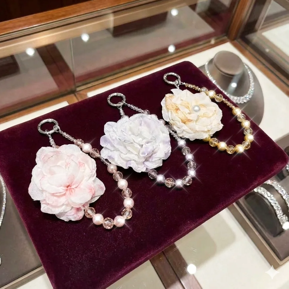 Роскошный ремешок для телефона с жемчугом и камелией, цепочка с цветком из бисера, ремешок с защитой от потери, чехол для мобильного телефона, аксессуары, брелки для женщин