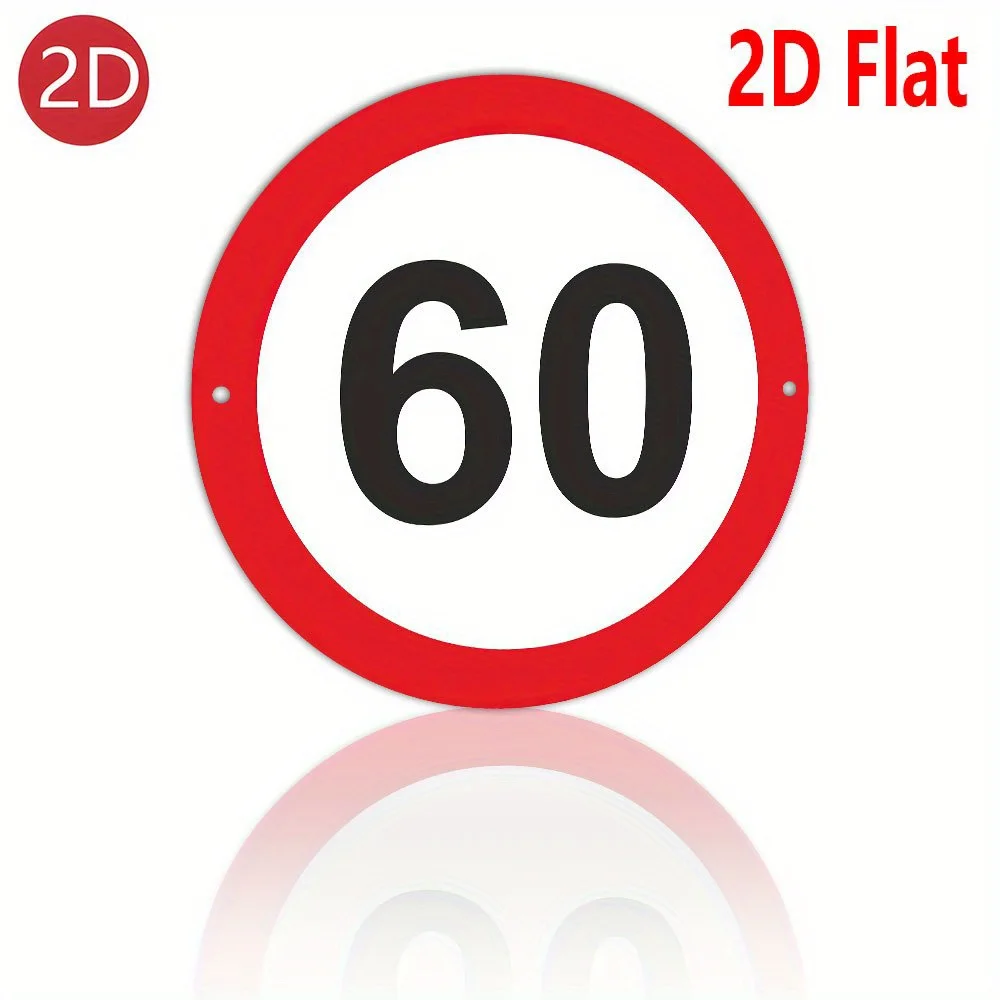 2D Flat, 8-Inch Round Speed Limit 60 Sign - Heavy-Duty Aluminum Red/Black Highway Traffic Decoration with White Number 60 - Indo