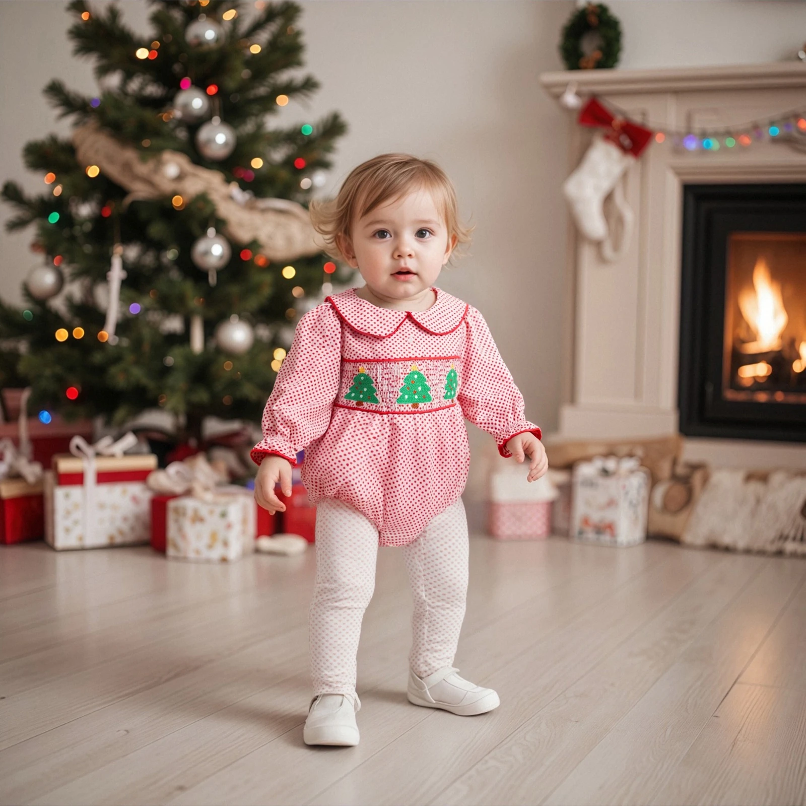 طفل الفتيات عيد الميلاد رومبير نقطة طباعة شجرة التطريز طويلة الأكمام دمية طوق بذلة