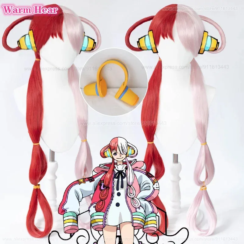 Wig Wanita Pesta Halloween Rambut Sintetis Panjang Merah Muda Merah Cosplay Tahan Panas Alat Peraga Headphone Uta + Topi Wig Ir;l5