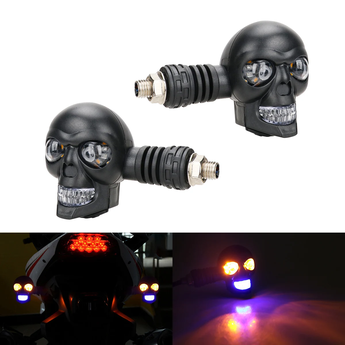 Skull Motorcycle Indicator Dual Color Motorbike Scooter Front Rear Turn Signal Lights 12V White/Red/Blue & Yellow Running Lamp