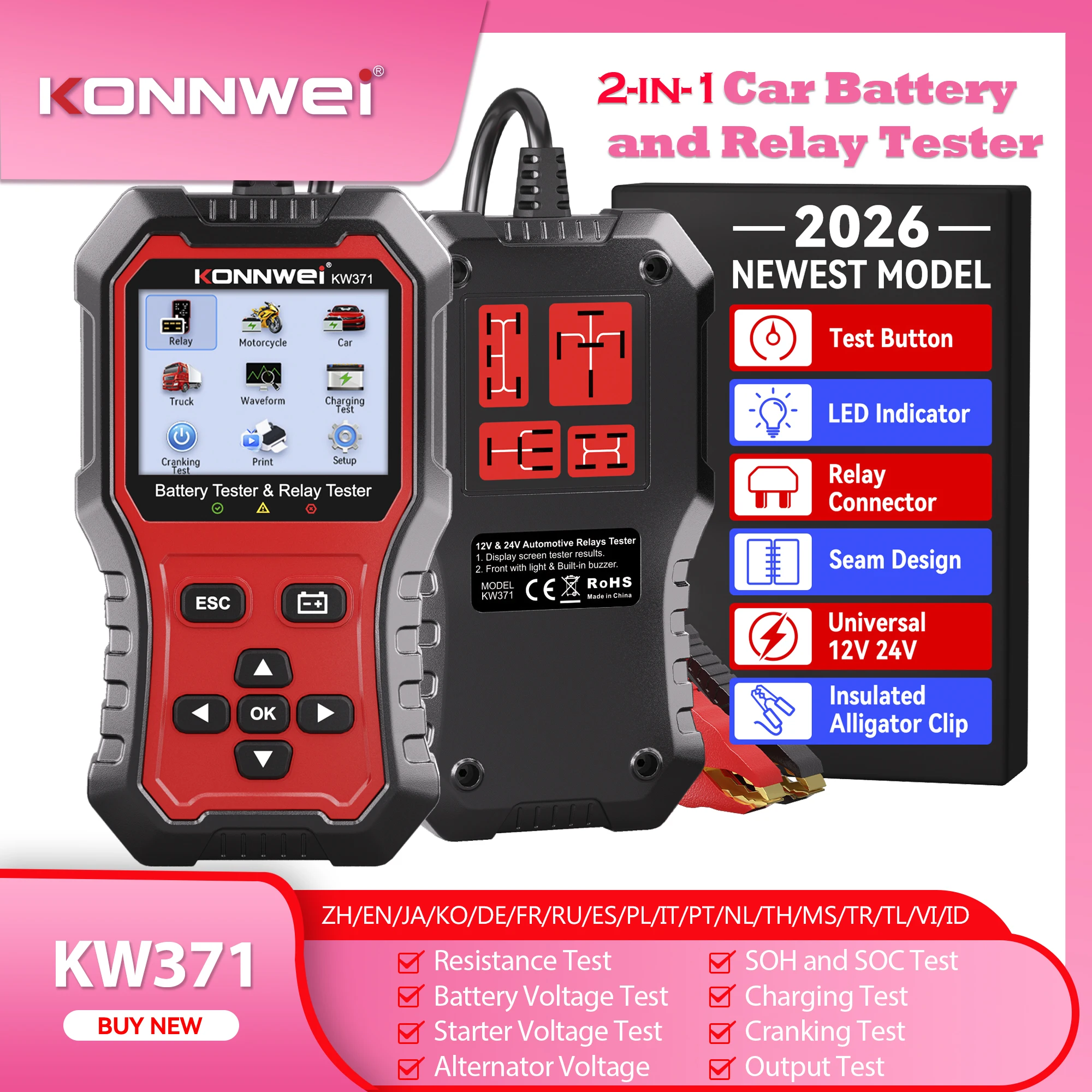 2026 KONNWEI KW371 2 In 1 Automotive Battery And Relay Tester 6V-12V-24V Battery Load Test Tool Universal Car Diagnostic Scanner