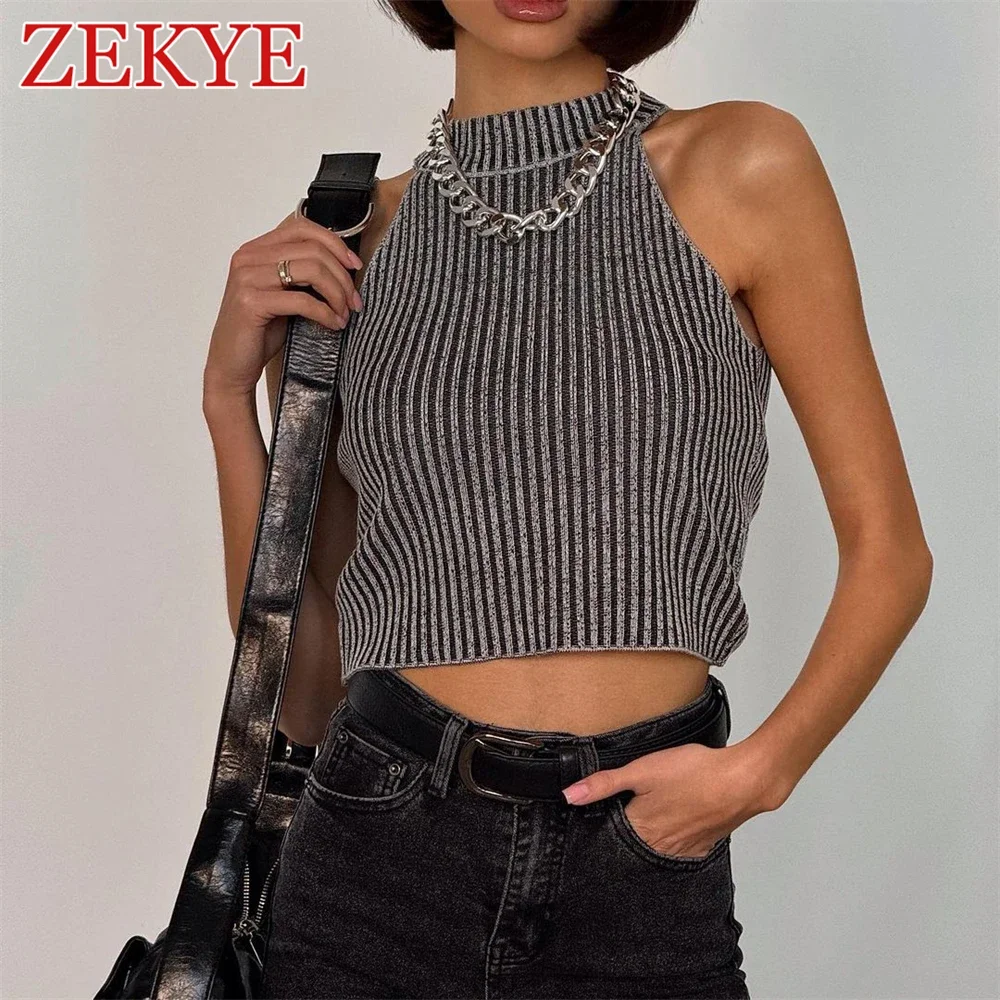 

Zekye Retro Round Neck Y2K Aesthetic Knitted Tank Top For Women Summer Striped Contrast Sleeveless Grunge Crop Tops Sweater Grey