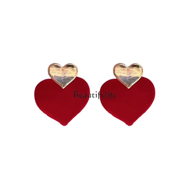 

Red Flocking Love Heart Stud Earrings Design Sense Niche Unique High Sense