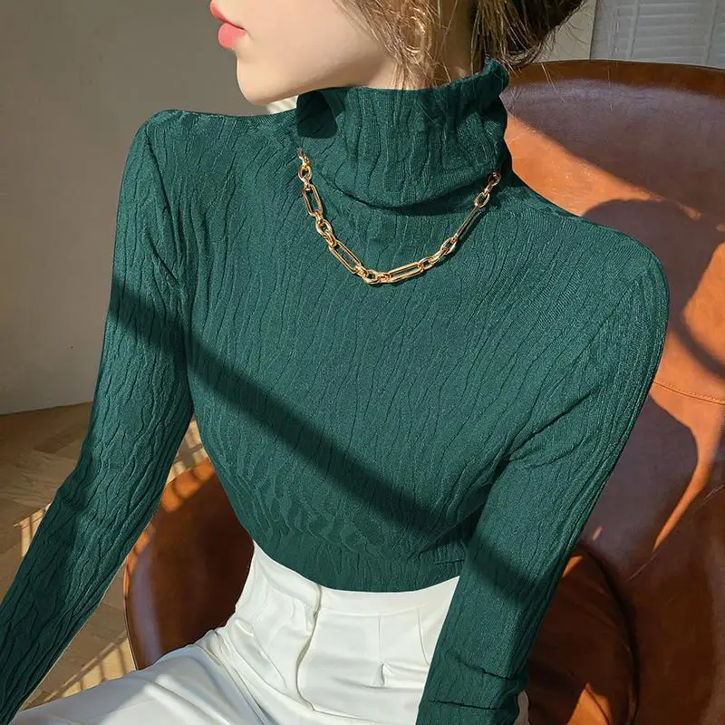 Women\'s Knit Sweater Green Slim Fit Turtleneck Ladies Pullovers Outerwears Fashion 2024 Korean Style Offers Casual Winter Autumn