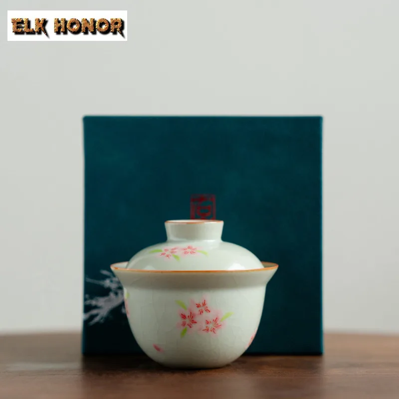 100ml Ru Kiln Hand-painted Peach Blossom Gaiwan Handmade Tea Tureen Tea Bowl With Lid Kit Tea Maker Cover Bowl Teaware Craft