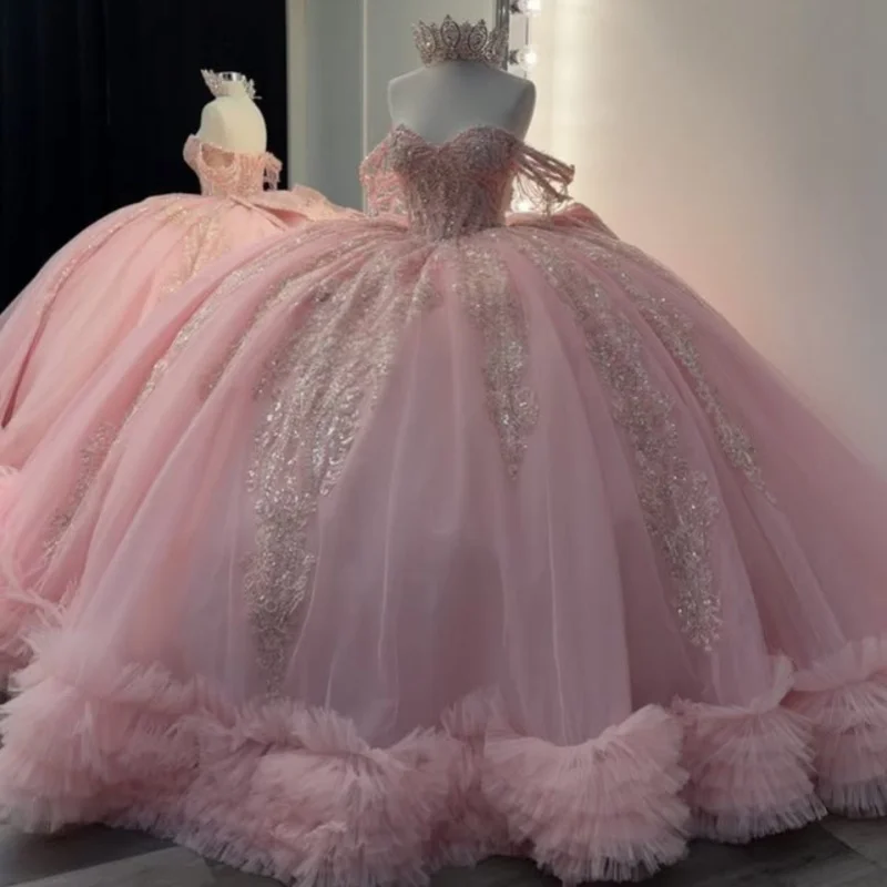 

Pink Quinceanera Dresses off-shoulder Crystal Glitter Decal Lace Layering Long tail Bow Vestido De 15 Quinceanera Customize