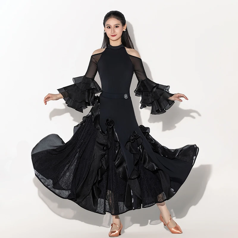 2026 neue Ballroom Dance Wettbewerb Kleidung Für Frauen Lange Ärmeln Lotus Blatt Rand Blume Röcke Anzug Erwachsene Modern Dance Tragen