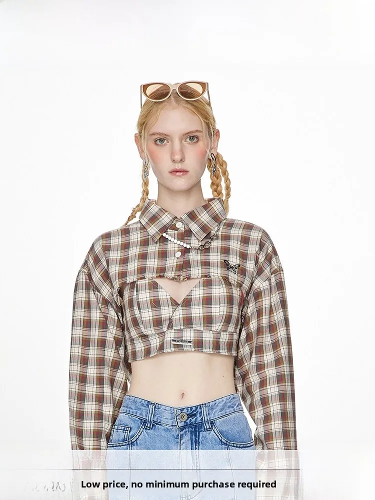 

Guukahero American Retro Plaid Short Sleeveless Shirt Women's Frayed Embroidery Slimming Versatile Short Outerwear Cotton