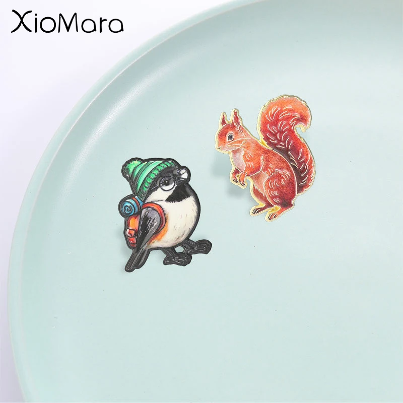 Cute Forest Animal Enamel Pin, Cartoon Hiking Bird and Red Squirrel Badge, Fashion Accessory, Gift for Nature Animal Lovers