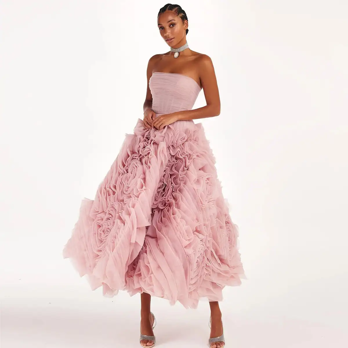 Boho Strapless A-line Prom Dresses Flowers Tiered Tea-Length Tulle Backless Wedding Party Guest Gowns Elegant Dating Dance Dress