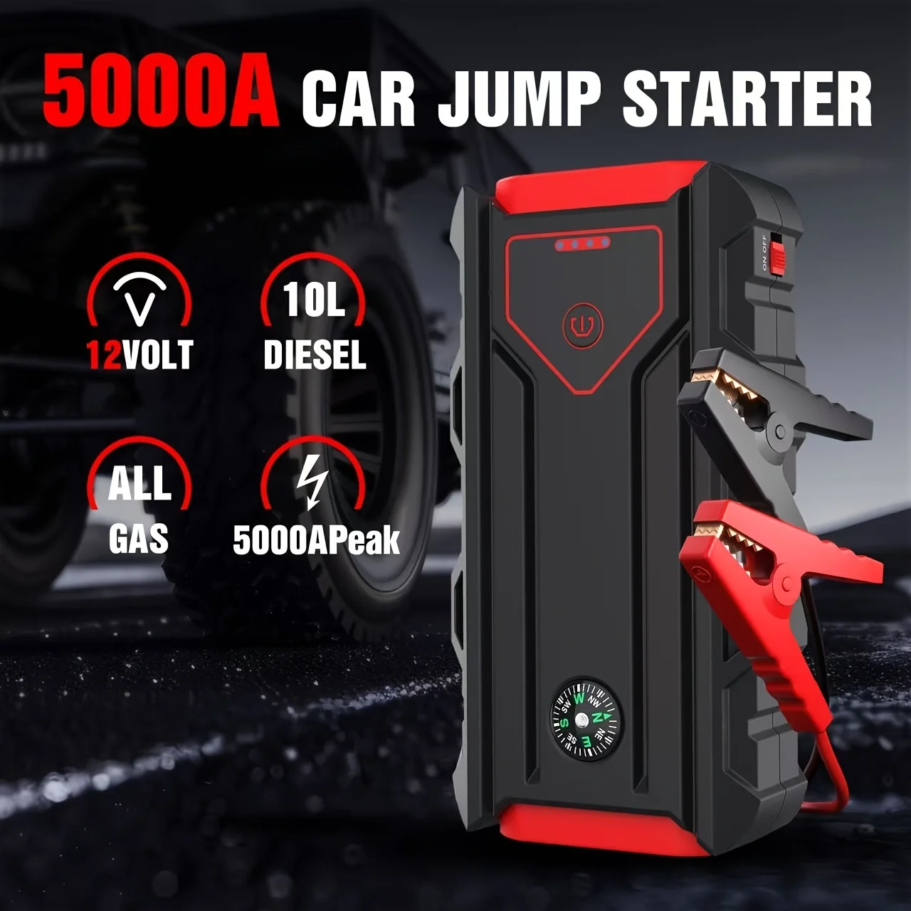 All-In-One Roadside Hero: Jump Starter for Car, 5000A Jump Starter with SOS Strobe Light, Emergency Window Breaker And Dual USB Quick Charge, DC Output 12V/8A