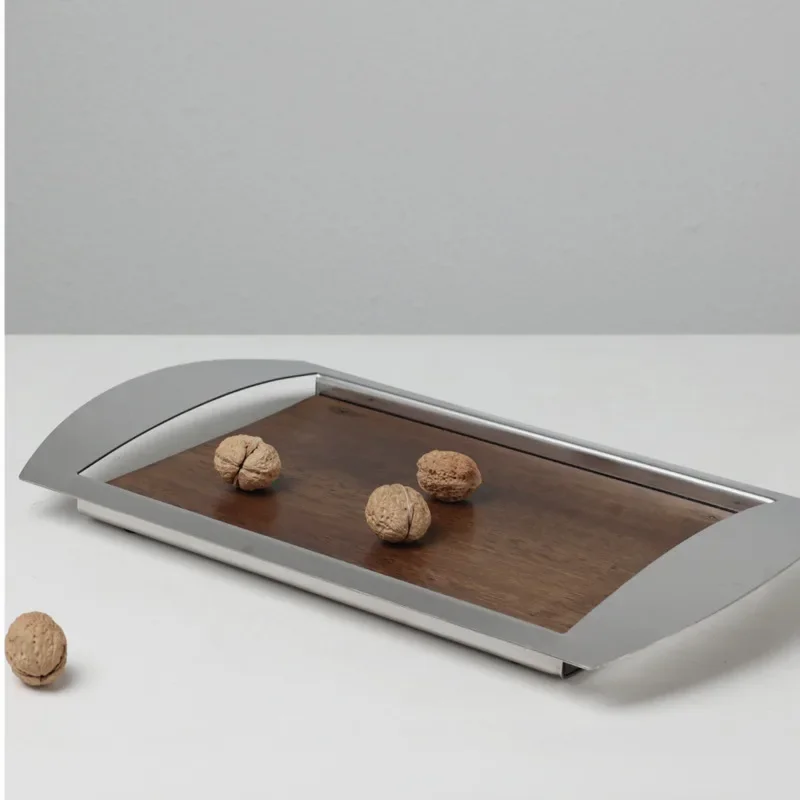 Modern Luxury Decorative Tray – Stainless Steel and Walnut Ideal for Sample Room and Living Room Decor Serving Tray