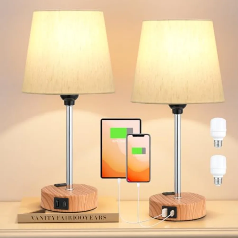 

Прикроватные светильники для спальни, комплект из 2 штук - Ночная лампа для спальни с USB-C портом и розеткой для зарядки, 3-уровневая регулировка яркости, сенсорное управление