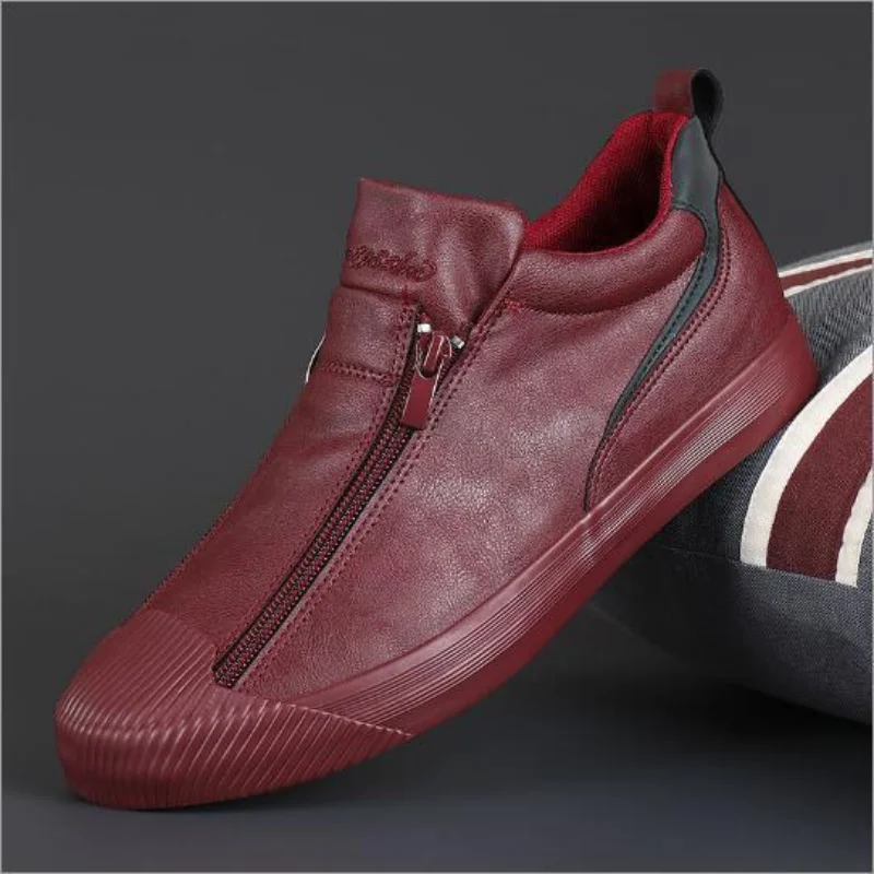 Winter Men Leather Casual Shoes Fashion Double Zipper High Tops Flat Shoes Slip on Plush Male Sneakers Loafers Tenis Masculino