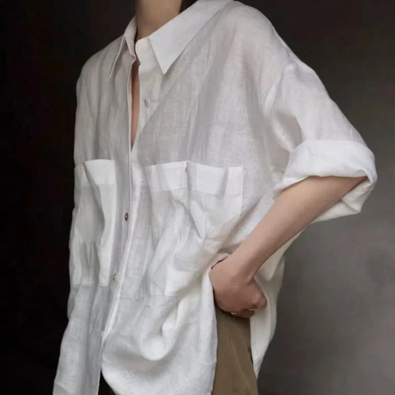 White Short Sleeved Imitation Linen Shirt Boyfriend Style Loose Versatile Lazy Style Japanese Retro Double Pocket Chic Shirt