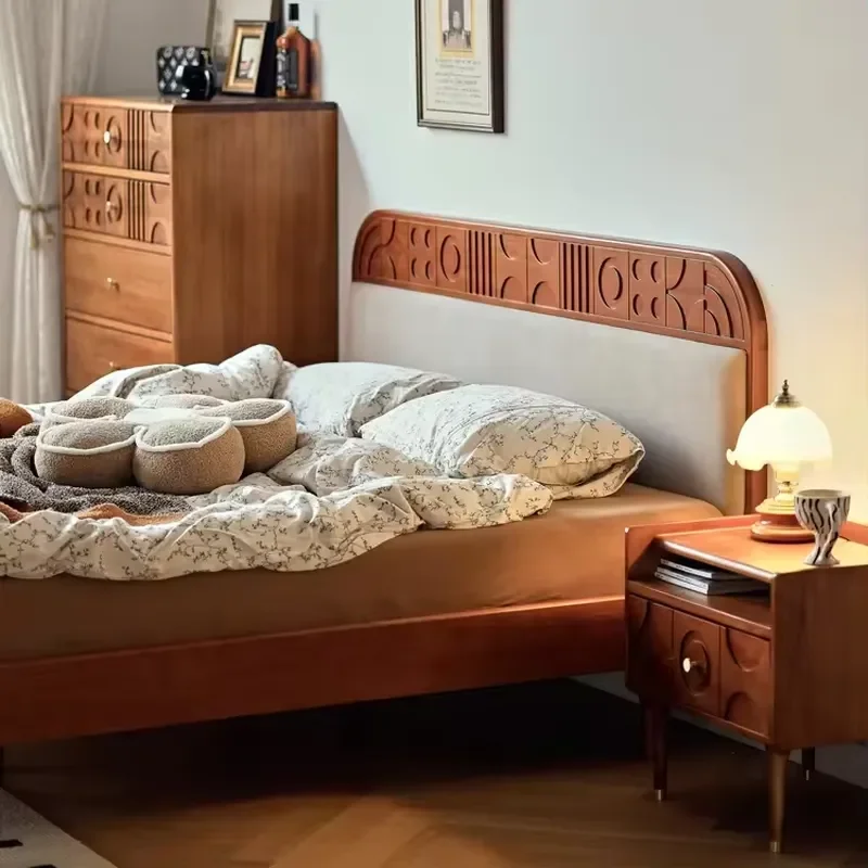 European Soft Bed Solid Wood Queen Size Double Bed with Eco-friendly Design Black Walnut Color Option
