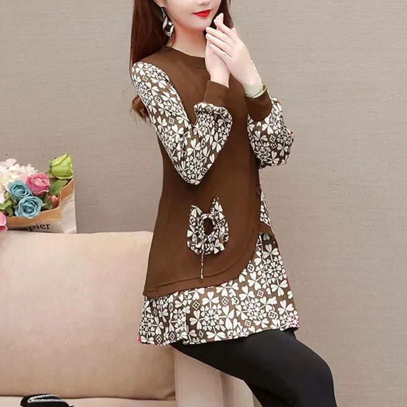 Spring Autumn New Round Neck Long Sleeve Fashion Blouse Women High Street Printing Pullovers Elegant Pockets Patchwork Chic Top