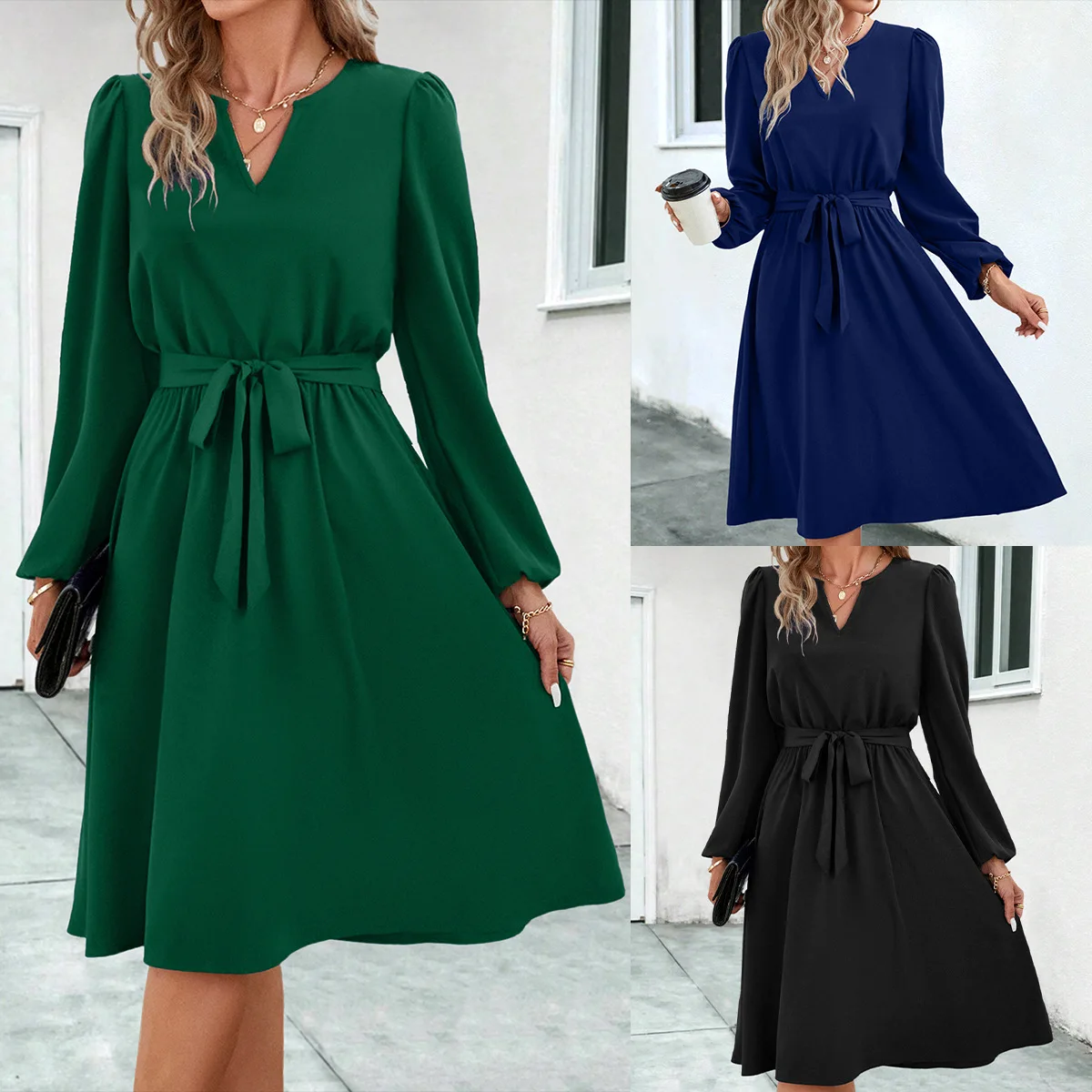 Long Sleeve V Neck Strap Dress for Women, Sexy Maxi Dresses, New Product, Autumn and Winter