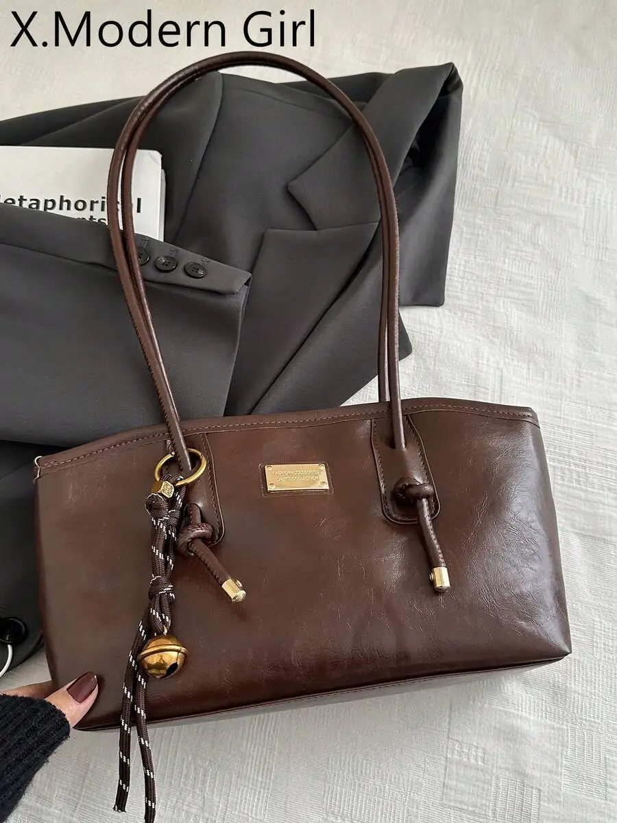 

Brown PU Leather Top-Handle Tote Bag with Rope Knot Charm and Metal Plate