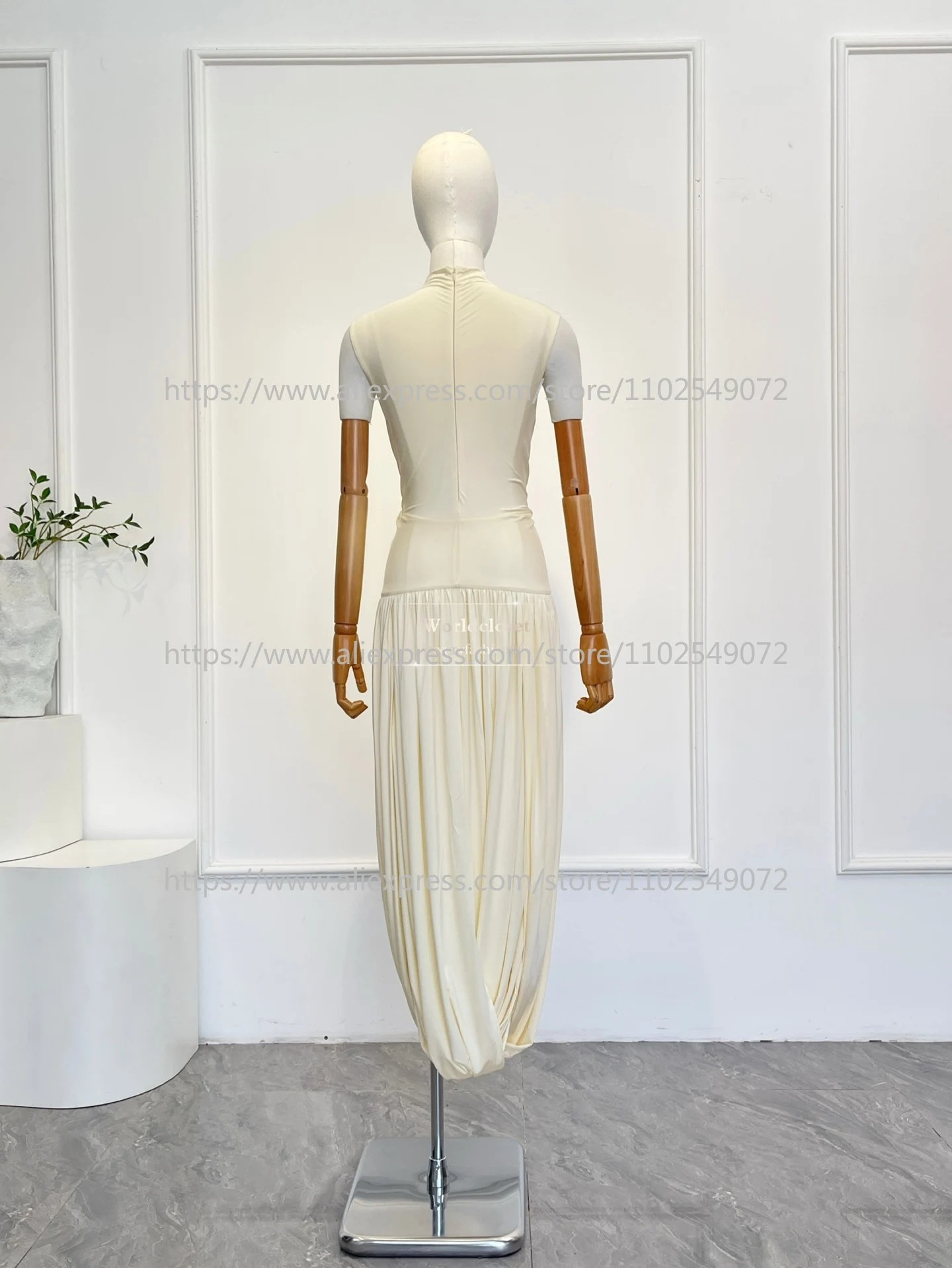 

Spring Summer 2026 Elegant Cream White Satin High Neck Sleeveless Ruched Draped Women Top Quality Midi Dress