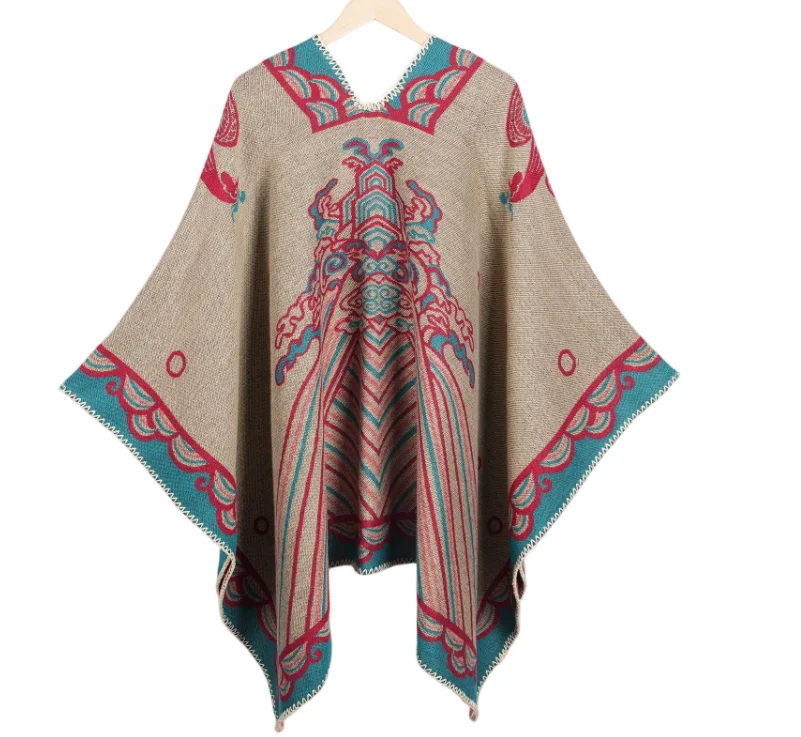 Mantello da viaggio etnico a vento Sciarpa di moda Poncho diviso etnico retrò Mantello da viaggio per foto da donna