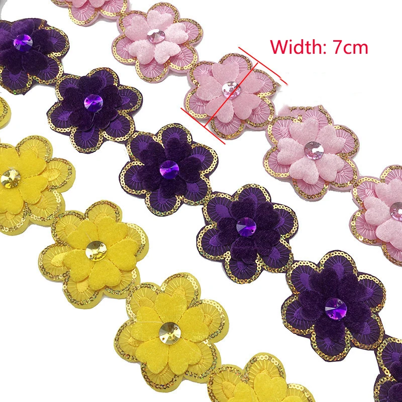 1/2/4.5 jardas 7cm flor 3d diamante renda guarnição fita tecido bordado apliques de casamento enfeites diy costura artesanato decoração