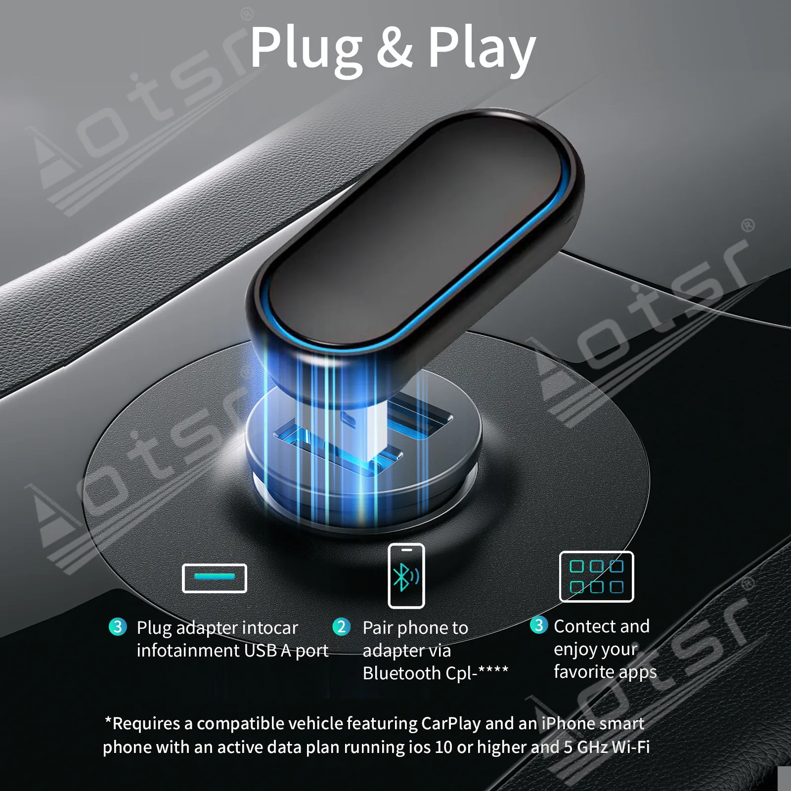 Convertidor USB con cable a conversión inalámbrica CARPLAY inalámbrico con iluminación ambiental giratoria y de 7 colores para todos los vehículos