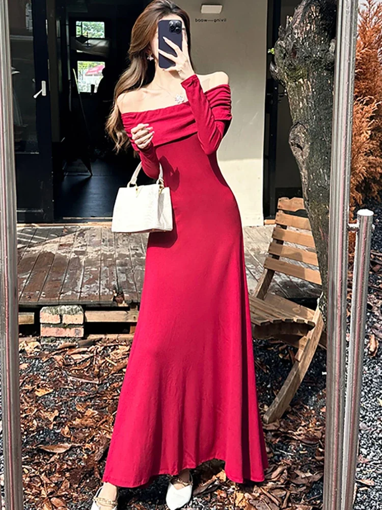 Women Red Knitted Long Sleeve Chic Slash Neck Sexy Long Dress Autumn Winter Elegant Sweater Dress 2024 Korean Bodycon Prom Dress