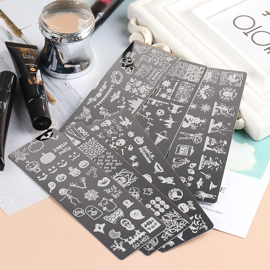 할로윈 네일 스탬퍼 키트 6개 네일 플레이트 + 1개 네일 스탬퍼 + 1개 네일 스크래퍼 호러 해골 거미 유령 박쥐 네일 아트 디자인용