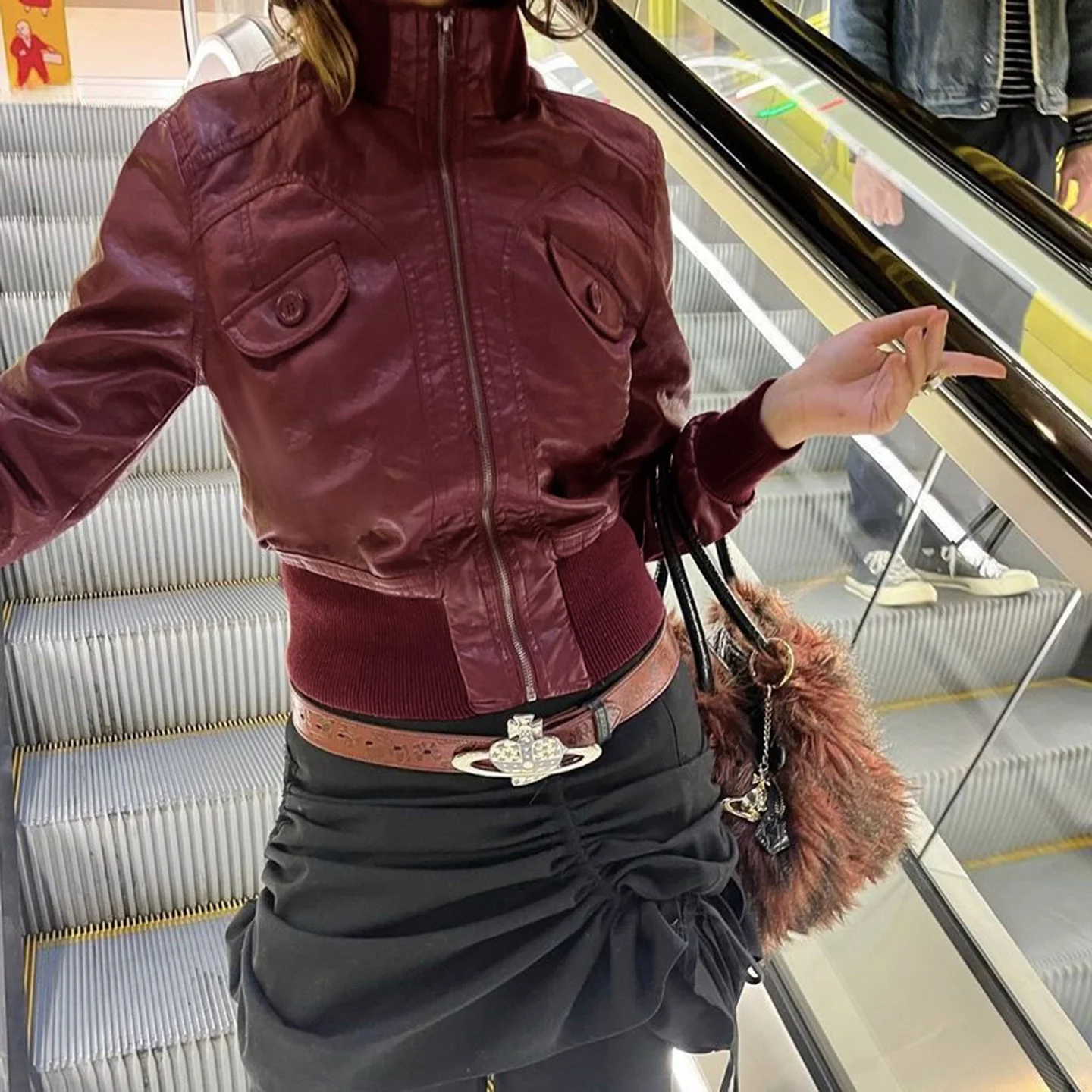 Stylish American Hot Girl Short Jacket Retro Waist-Cinching Zipper Stand Collar Leather Coat With Pockets For Women