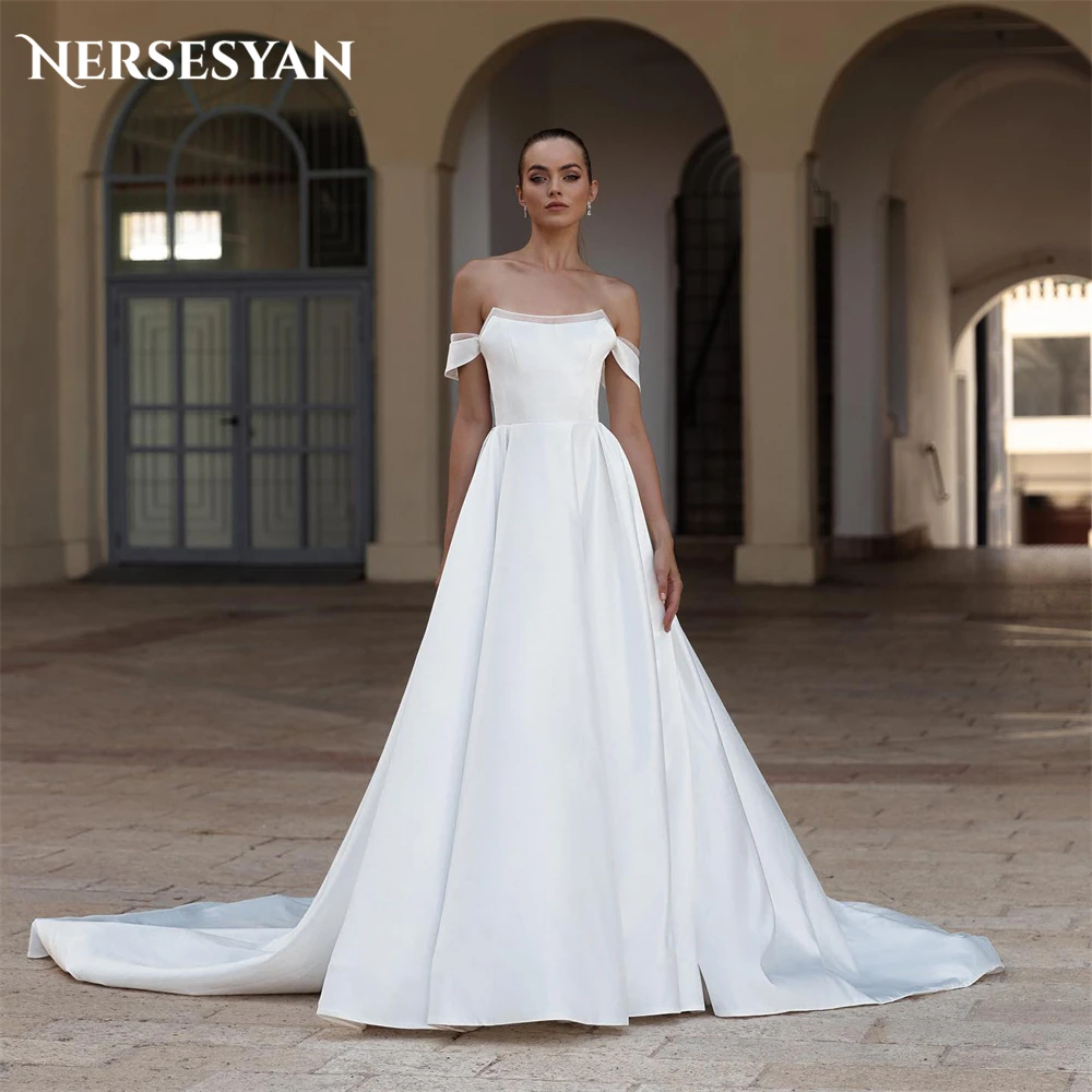 

Nersesyan Vintage Satin Wedding Dresses Tulle Boat Neck A-Line Off Shoulder Bridal Gowns Backless Princess Solid Bride Dress