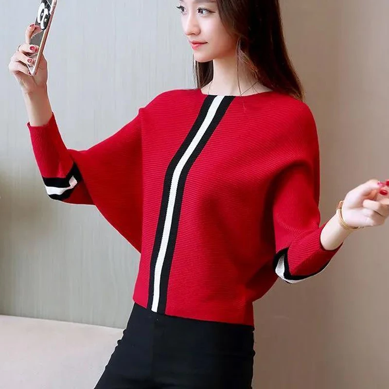 Autumn New Knitting Loose All-match Sweaters Long Sleeve O-neck Contrast Plus Size Pullovers Fashion Elegant Women Clothing