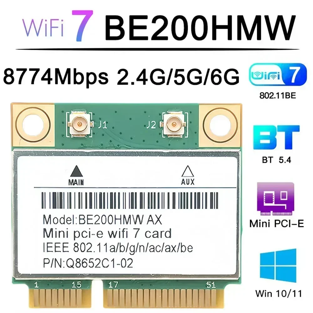 WiFi 7 Mini PCI-E WiFi Card BE200 BE200HMW 8774Mbps 2.4G/5G/6Ghz For Bluetooth 5.4 802.11BE Wireless Network Adapter For Laptop