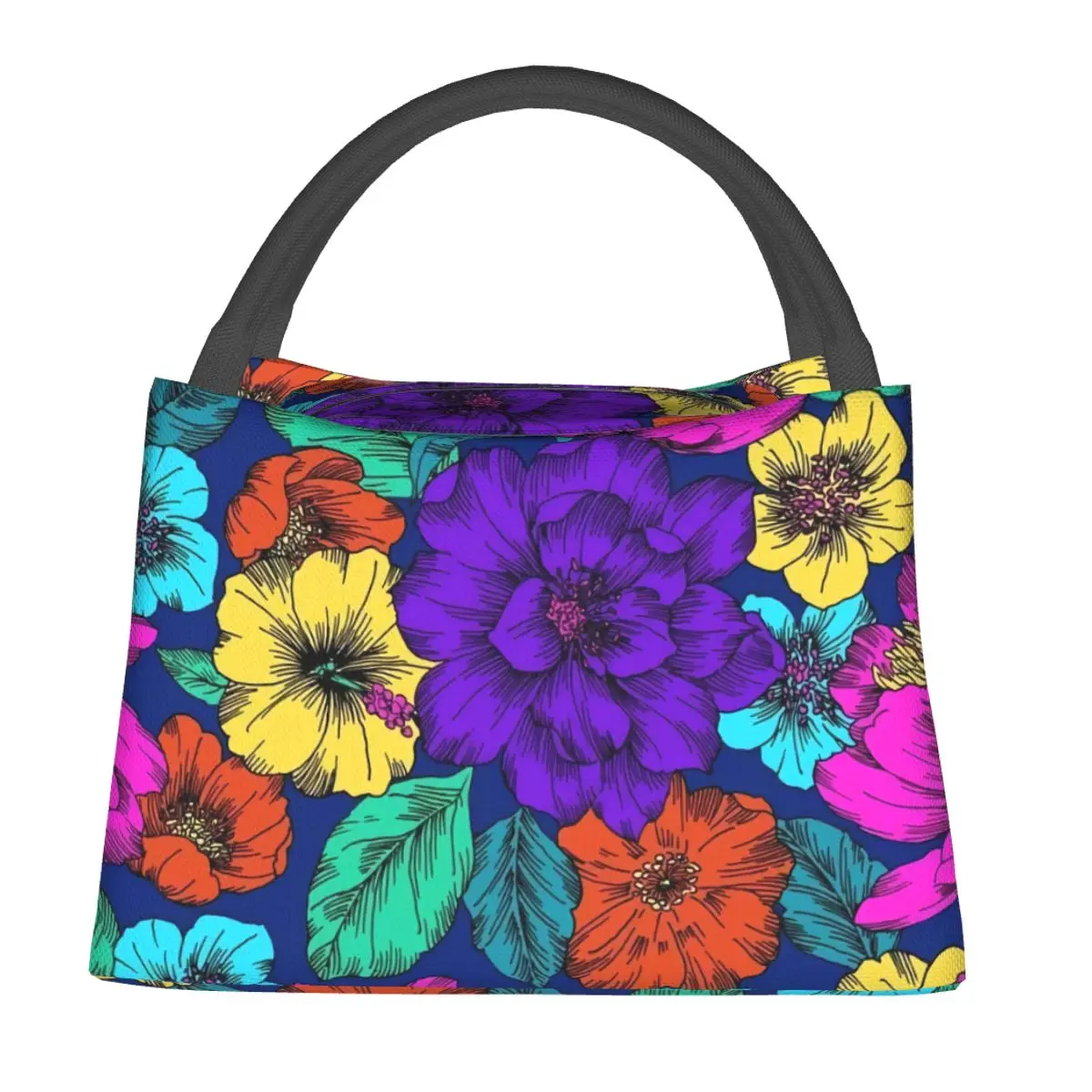 

Colorful Flower Lunch Bag Hibiscis Print Cute Lunch Box School Portable Zipper Cooler Bag Oxford Thermal Tote Handbags