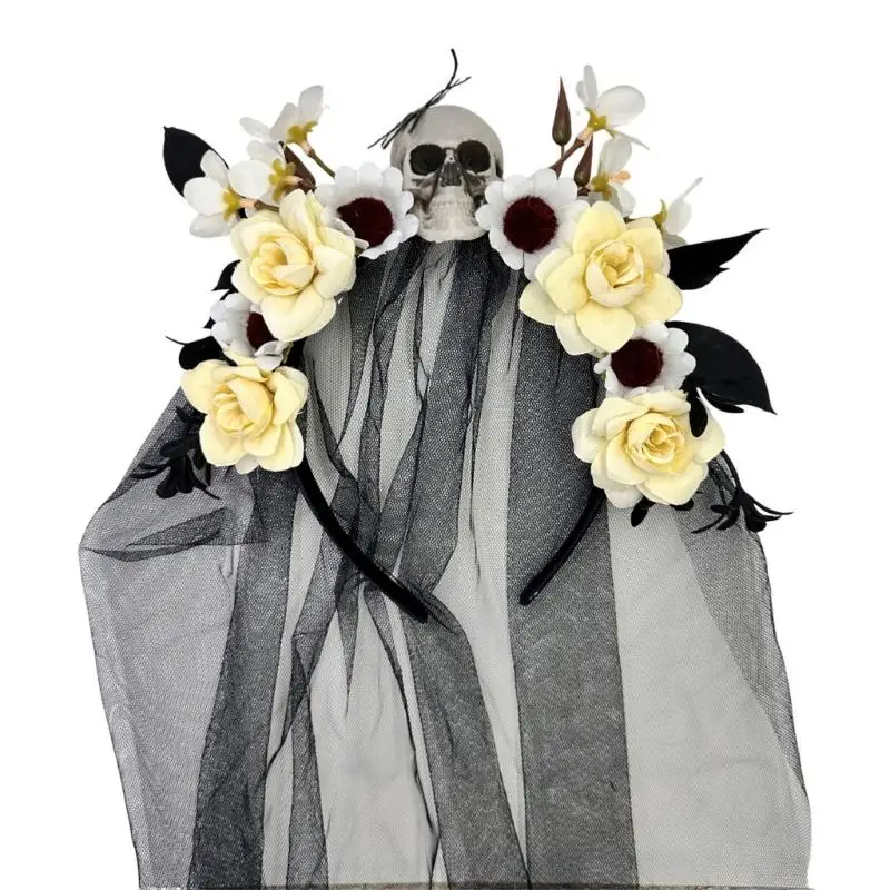 A52E Flower Skull Hairband Hair Styling Accessory Halloween Witch Hairband For Adult Theme Party Photography Wear Headpiece