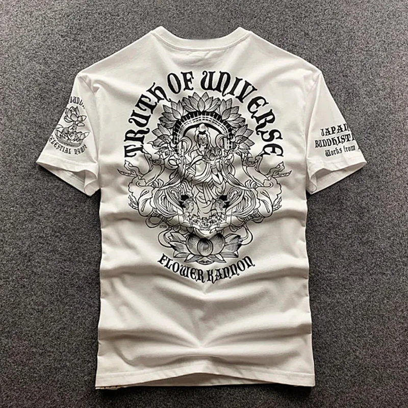 Lotus T-shirt Print Men Japanese ukiyo Goddess of Mercy Tattoo Retro logo Short Sleeve Casual Summer Hip Hop Tops Fashion Tees