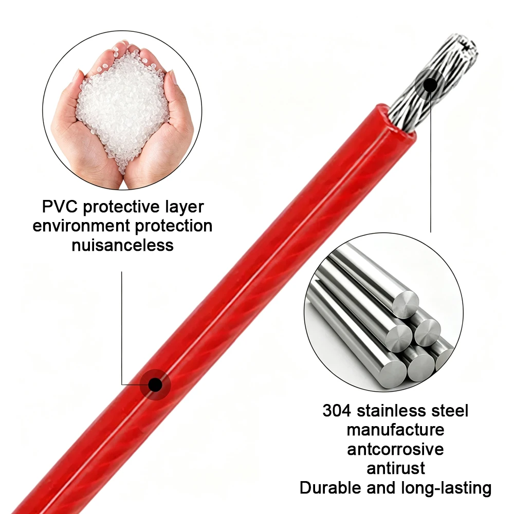 1/1.2/1.5/2/3/4/5/6mm Steel Wire Rope Red Coated PVC Plastic Coated Stainless Cable With Super Strong Load-Bearing Capacity