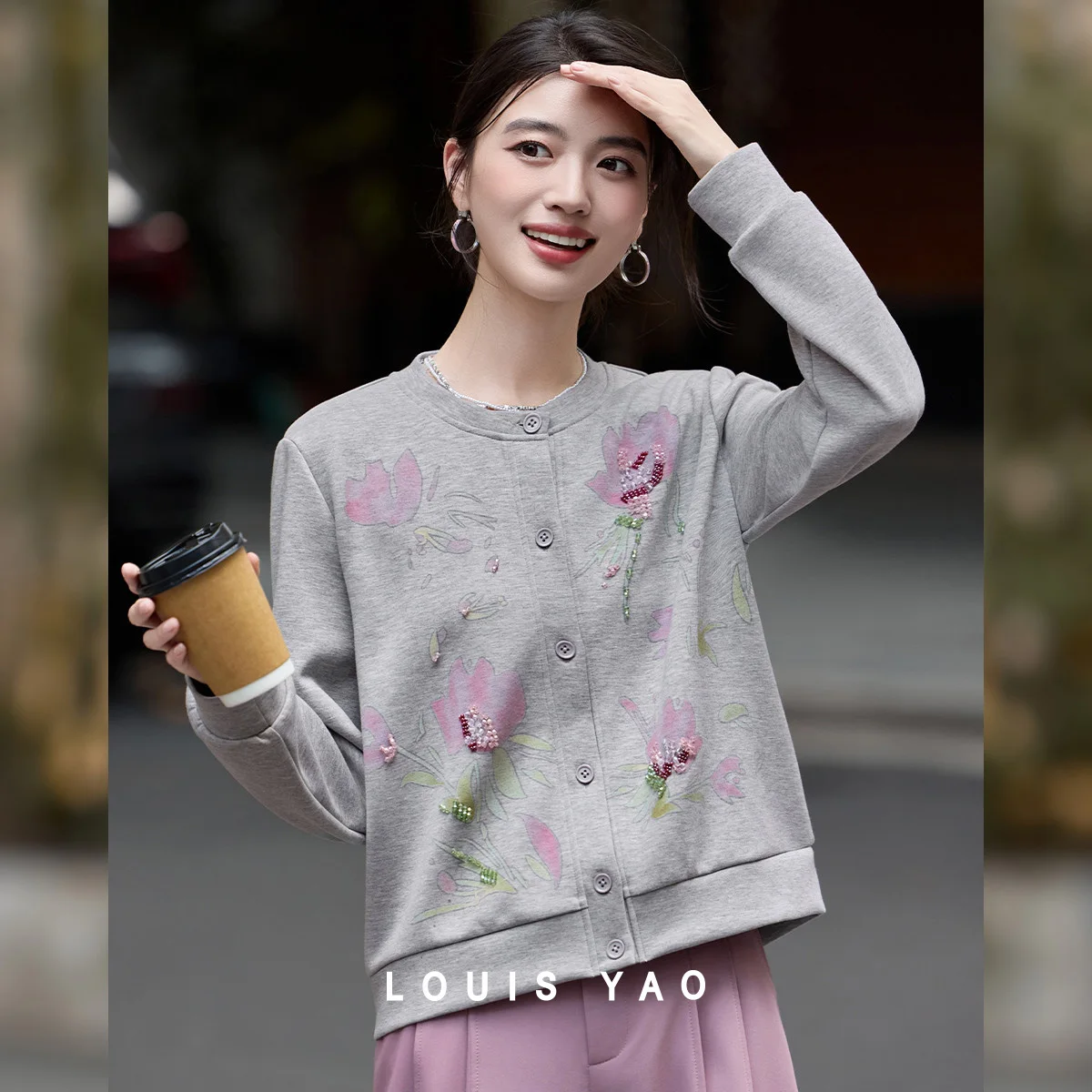 

LOUIS YAO Floral Print Beaded Knit Cardigan 2025 Autumn New Arrival Pullover Crew Neck Flower Print Beaded Women's Sweater